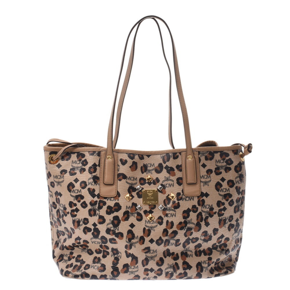 MCM Loveless Leopard Studded Beige Calfskin Tote Bag